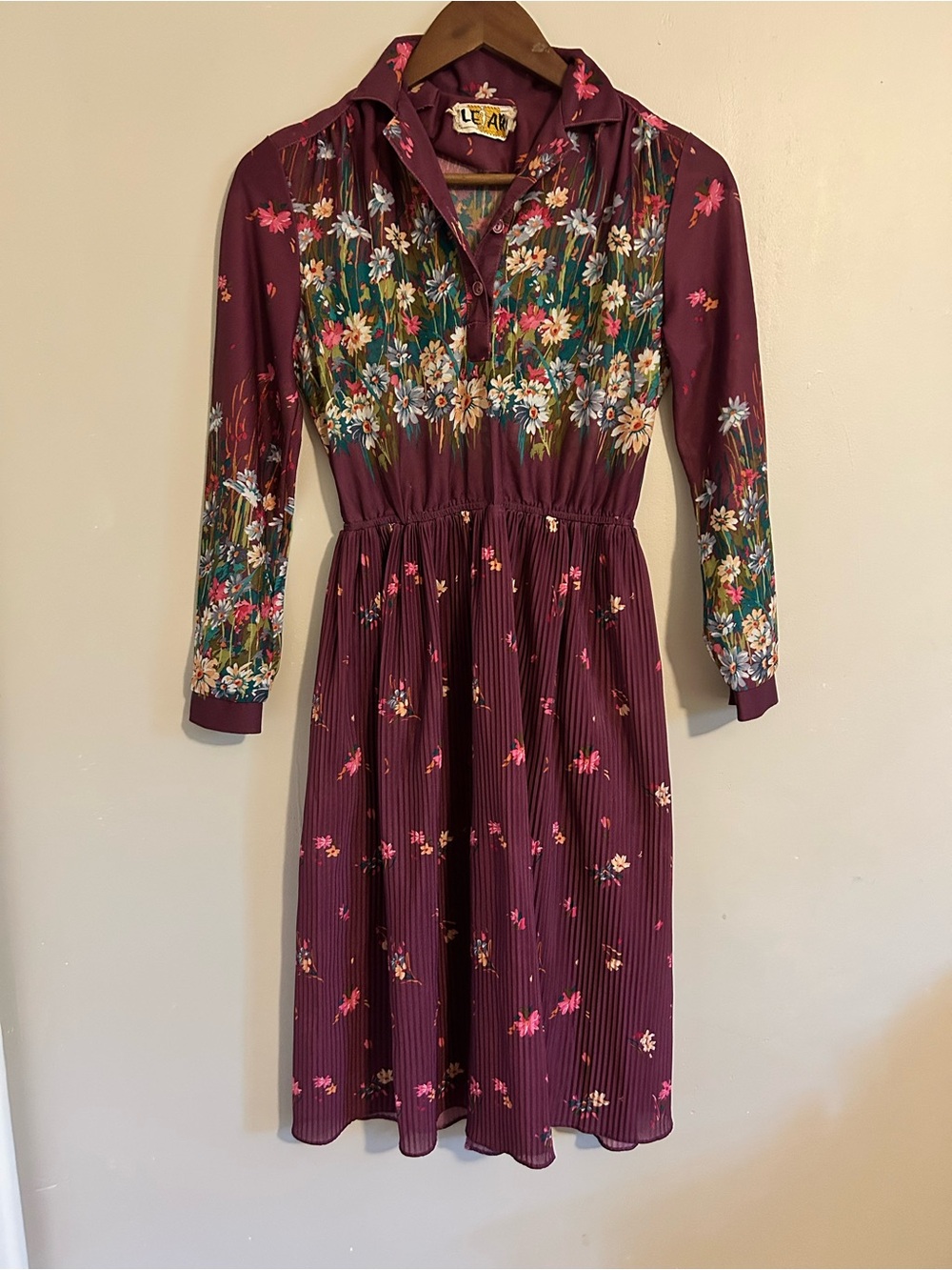 VTG 60s 70s Floral Secretary Purple Floral Long-Sleeve Midi Dress Small Hippie